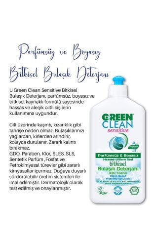 U Green Clean Sensitive Parfümsüz Kokusuz Bitkisel 500 ml Sıvı Bulaşık Deterjanı