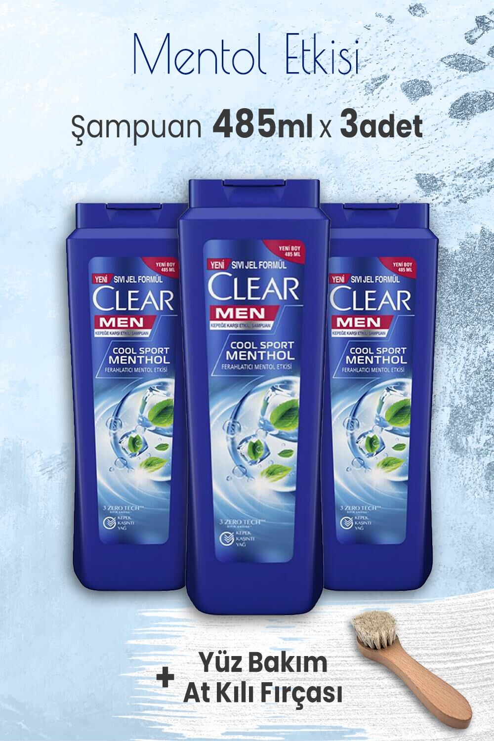 Clear Men Şampuan Mentol Etkisi 485 ml x 3 Adet ve Yüz Bakım At Kılı Fırçası