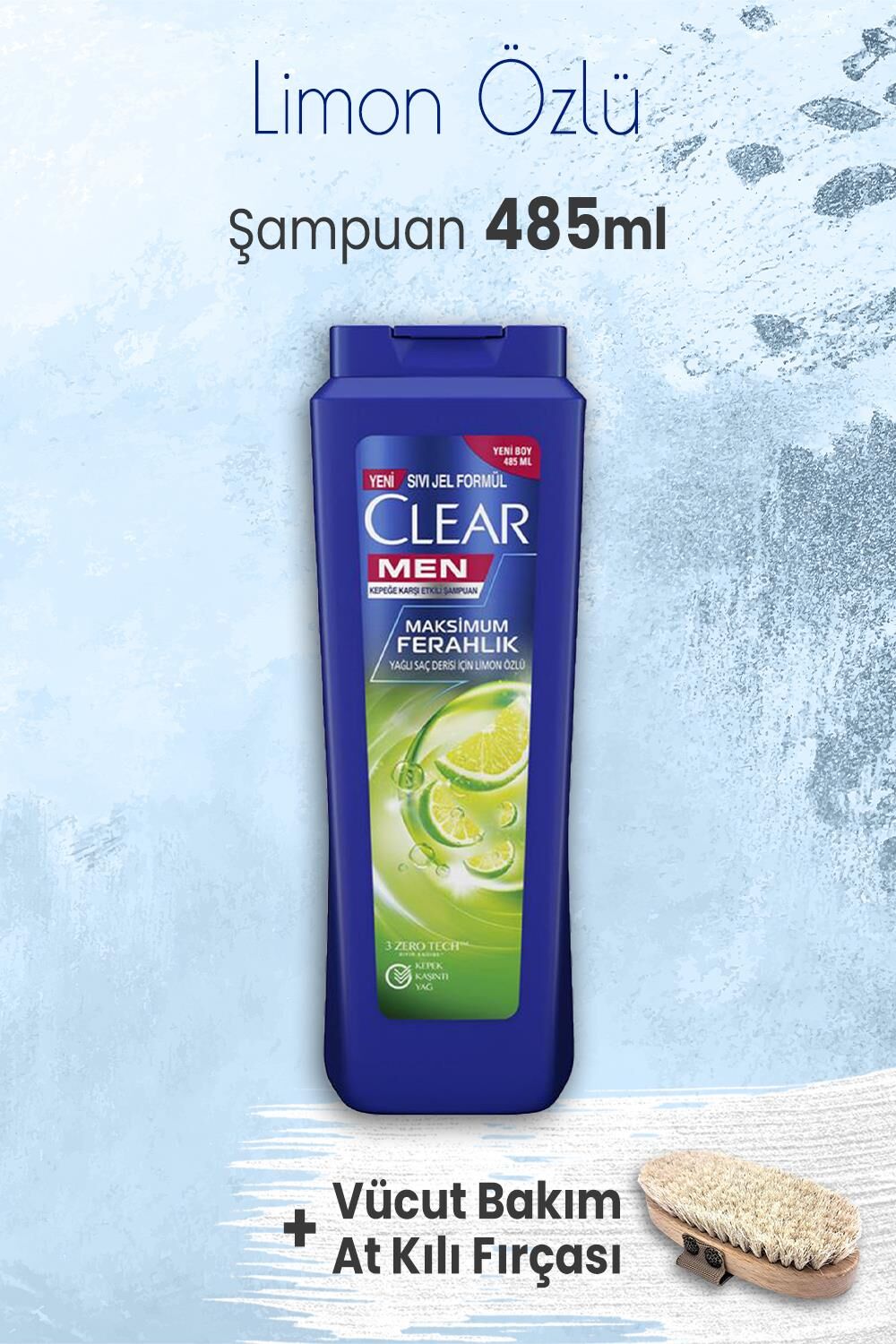 Clear Men Şampuan Maksimum Ferahlık 485 ml ve Vücut Bakım At Kılı Fırçası