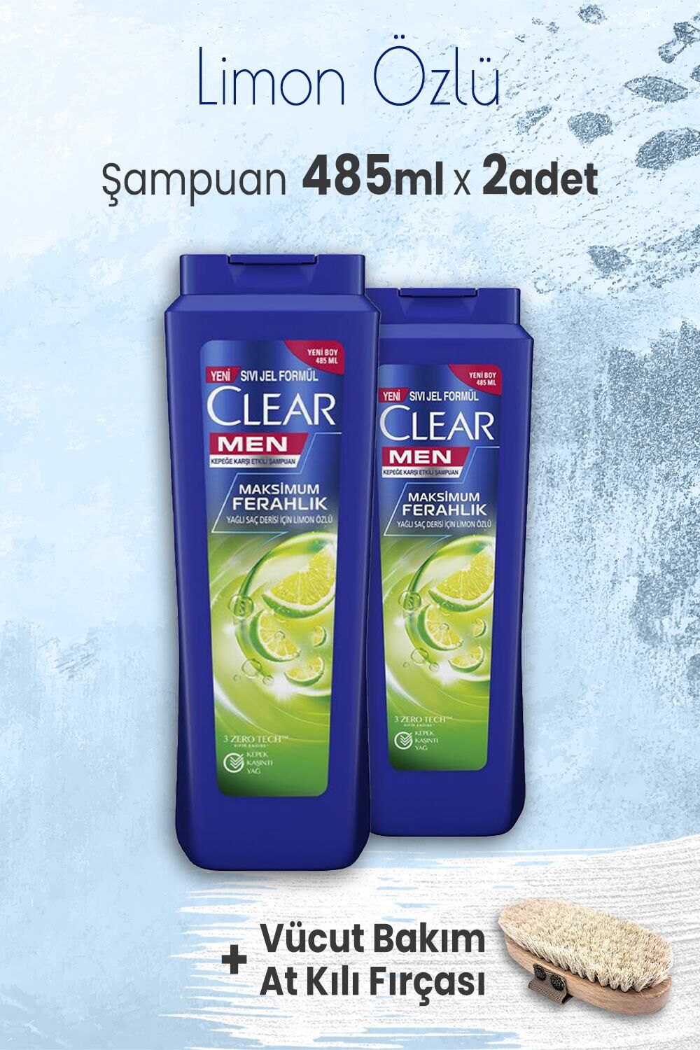 Clear Men Şampuan Maksimum Ferahlık 485 ml x 2 Adet ve Vücut Bakım At Kılı Fırçası