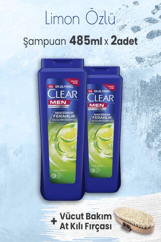 Clear Men Şampuan Maksimum Ferahlık 485 ml x 2 Adet ve Vücut Bakım At Kılı Fırçası