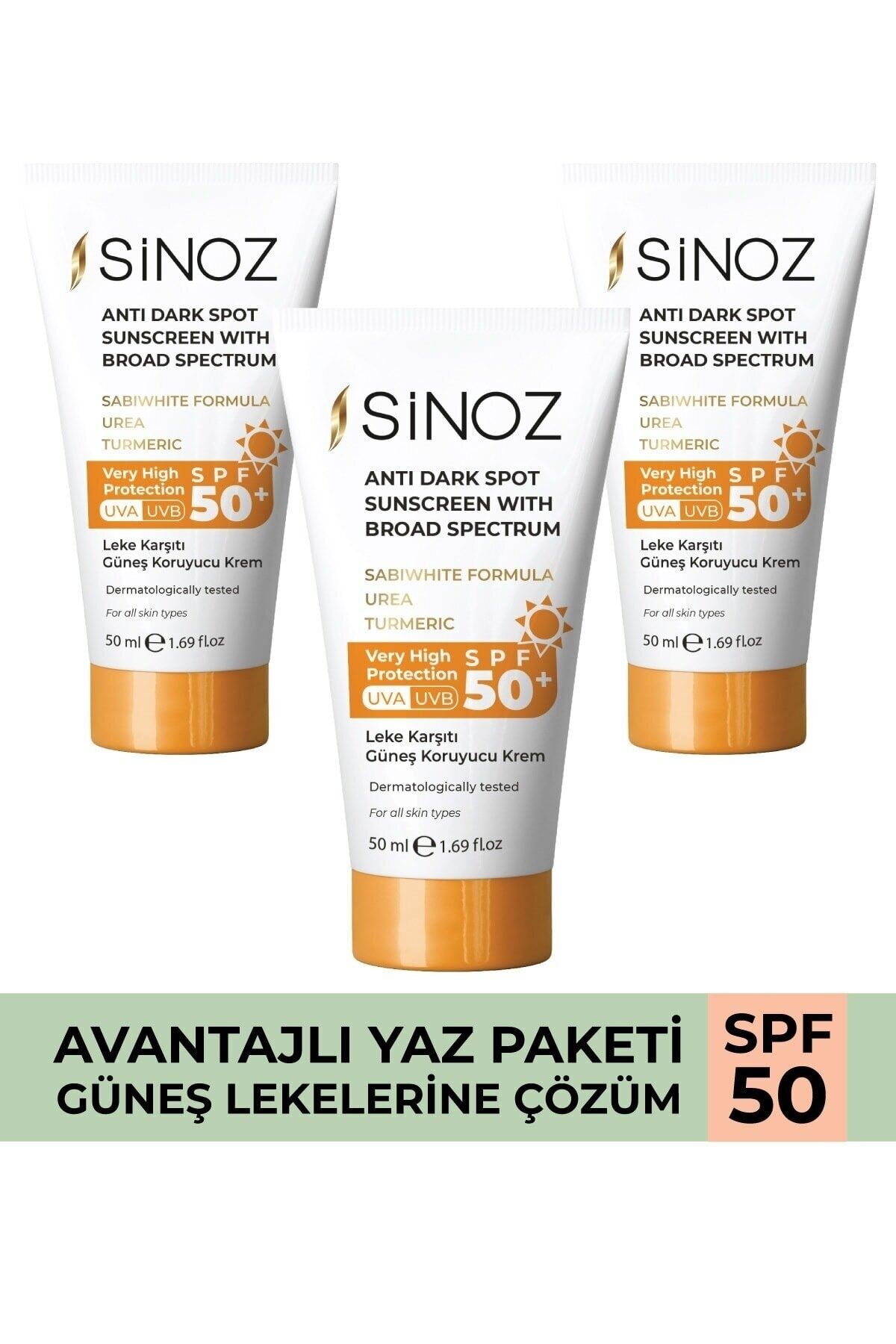 Sinoz Leke Karşıtı Güneş Koruyucu Krem 50SPF 50 ml x 3