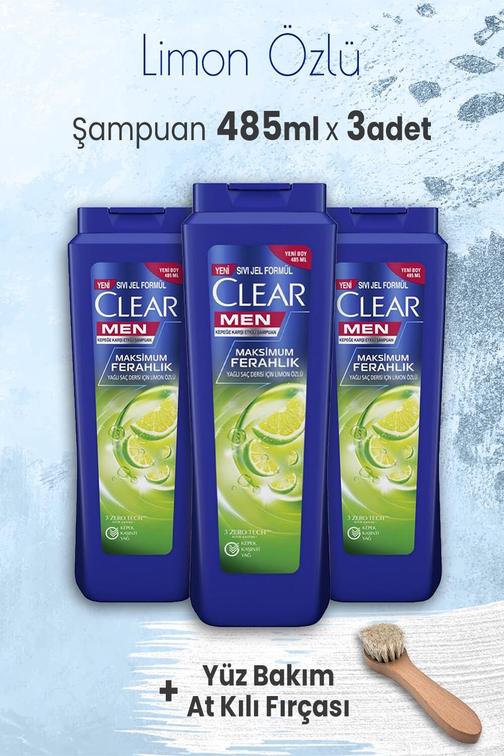 Clear Men Şampuan Maksimum Ferahlık 485 ml x 3 Adet ve Yüz Bakım At Kılı Fırçası