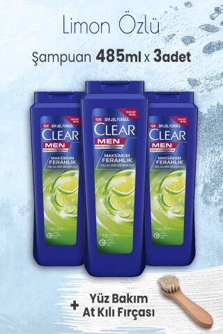 Clear Men Şampuan Maksimum Ferahlık 485 ml x 3 Adet ve Yüz Bakım At Kılı Fırçası