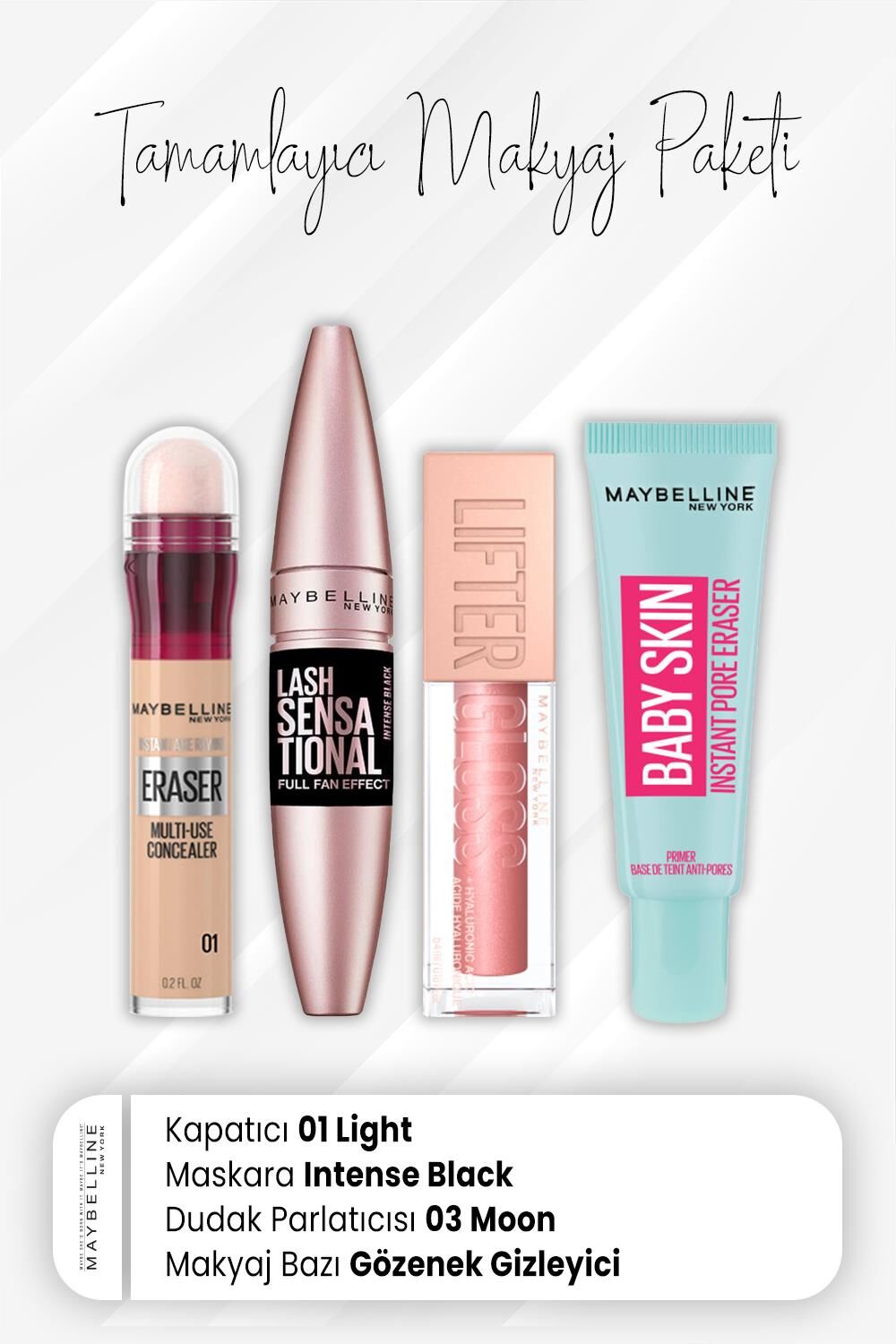 Maybelline New York Eraser Kapatıcı 01, Full Fan Maskara Intense Black, Parlatıcı 003 Moon ve Makyaj Bazı Baby