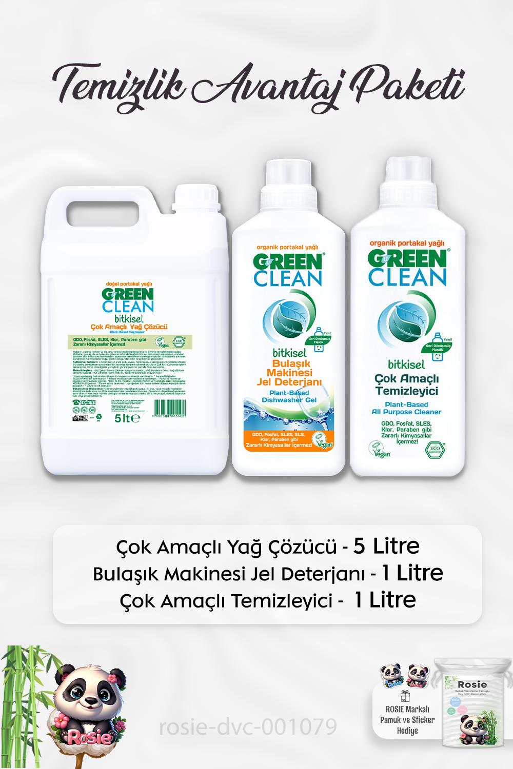 Green Clean Yağ Çözücü 5 lt, Bulaşık Makinesi Deterjanı 1 lt, Çok Amaçlı Temizleyici 1lt ve ROSIE