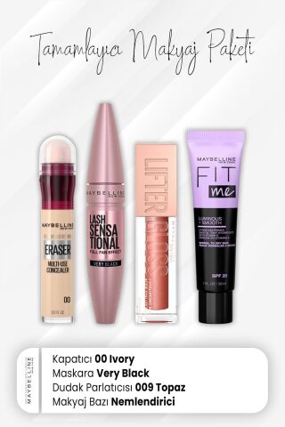 Maybelline New York Eraser Kapatıcı 00, Maskara Very Black, Dudak Parlatıcı 009 Topaz ve Nemlendiren Baz