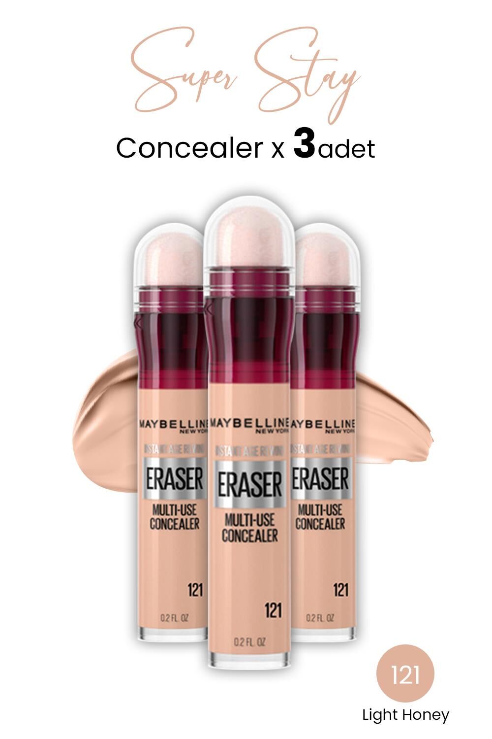Maybelline New York Eraser Multi Use Concealer 121 Light Honey x 3 adet