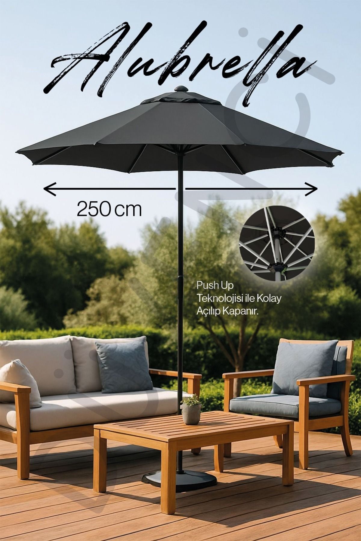 Yuvarlak Güneş Şemsiyesi Alubrella Antrasit Renk 250 CM Çap Bidonlu
