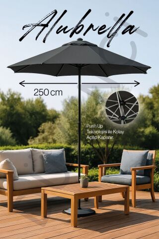 Yuvarlak Güneş Şemsiyesi Alubrella Antrasit Renk 250 CM Çap Bidonlu