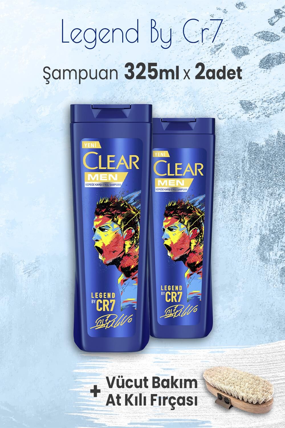 Clear Men Şampuan Legend By Cr7 325 ml x 2 Adet ve Vücut Bakımı At Kılı Fırçası