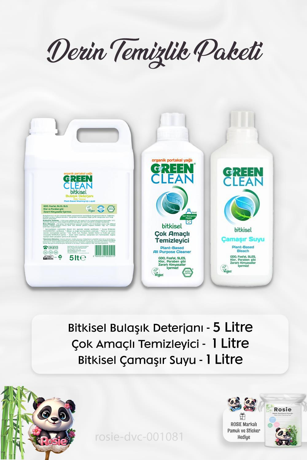 Green Clean Bulaşık Deterjanı 5 lt, Çamaşır Suyu 1lt, Çok Amaçlı Temizleyici 1 lt ve ROSIE