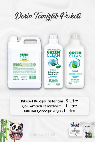 Green Clean Bulaşık Deterjanı 5 lt, Çamaşır Suyu 1lt, Çok Amaçlı Temizleyici 1 lt ve ROSIE