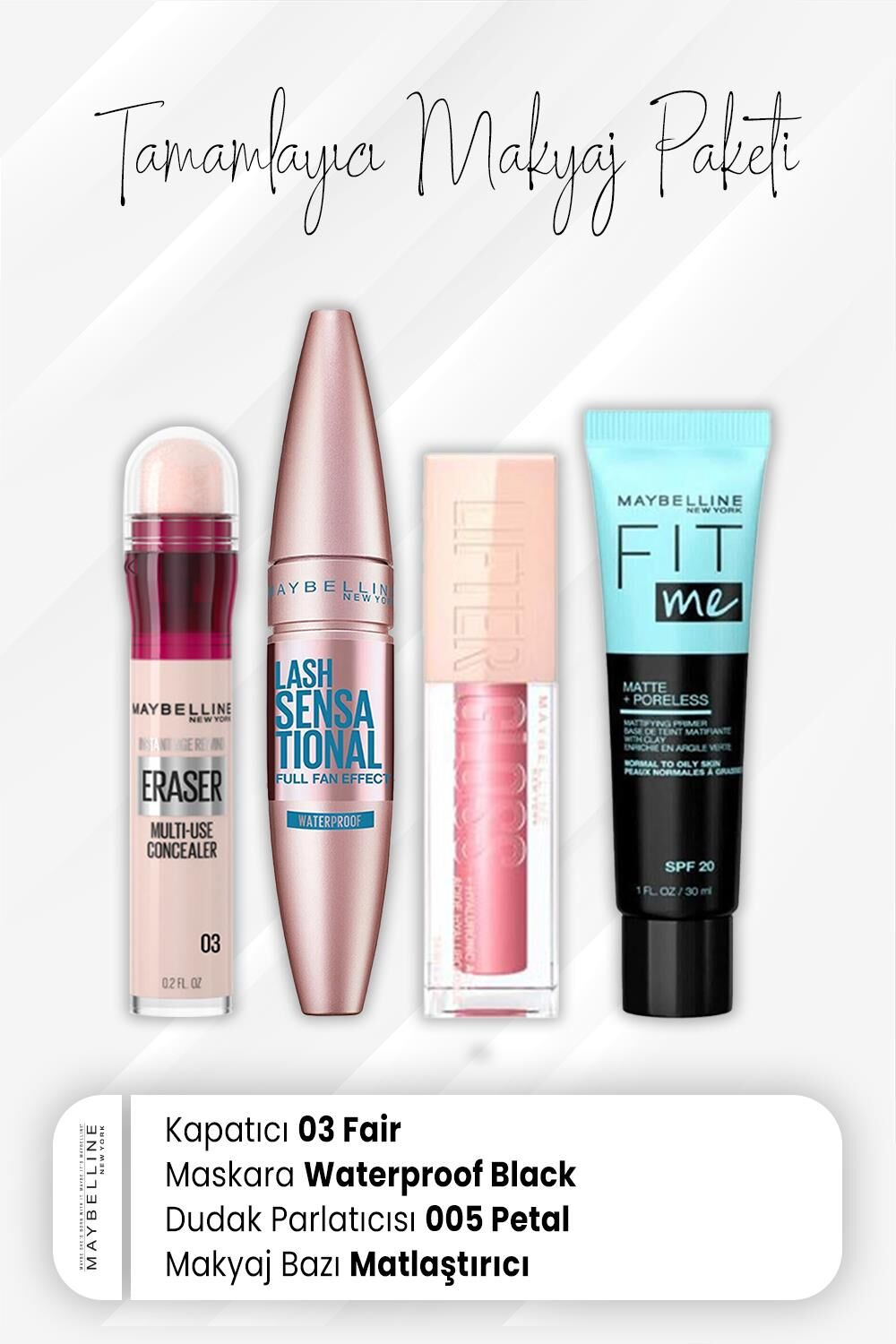 Maybelline New York Eraser Kapatıcı 03, Waterproof Maskara Black, Dudak Parlatıcısı 005 Petal ve Matlaştırıcı Baz