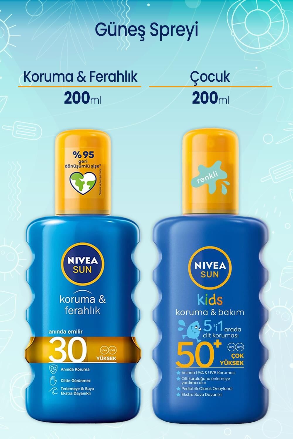 Nivea Sun Koruma & Ferahlık 200 ml 30 Gfk & Çocuk Renkli Nemlendirici Güneş Spreyi Gkf 50+ 200 Ml