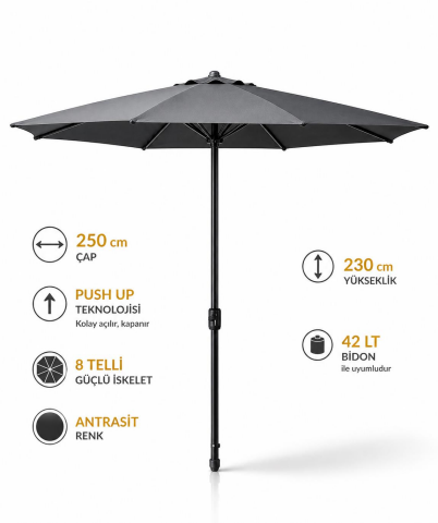 Yuvarlak Güneş Şemsiyesi Alubrella Antrasit Renk 250 CM Çap Bidonsuz