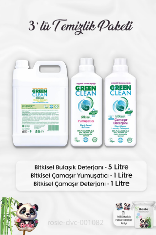 Green Clean Bulaşık Deterjanı 5 lt, Çamaşır Deterjanı 1lt, Yumuşatıcı 1 lt ve ROSIE