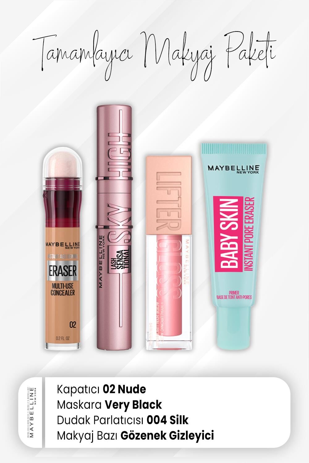 Maybelline New York Eraser Kapatıcı 02, Sky High Maskara Very Black, Dudak Parlatıcı 004 Silk ve Makyaj Bazı Baby