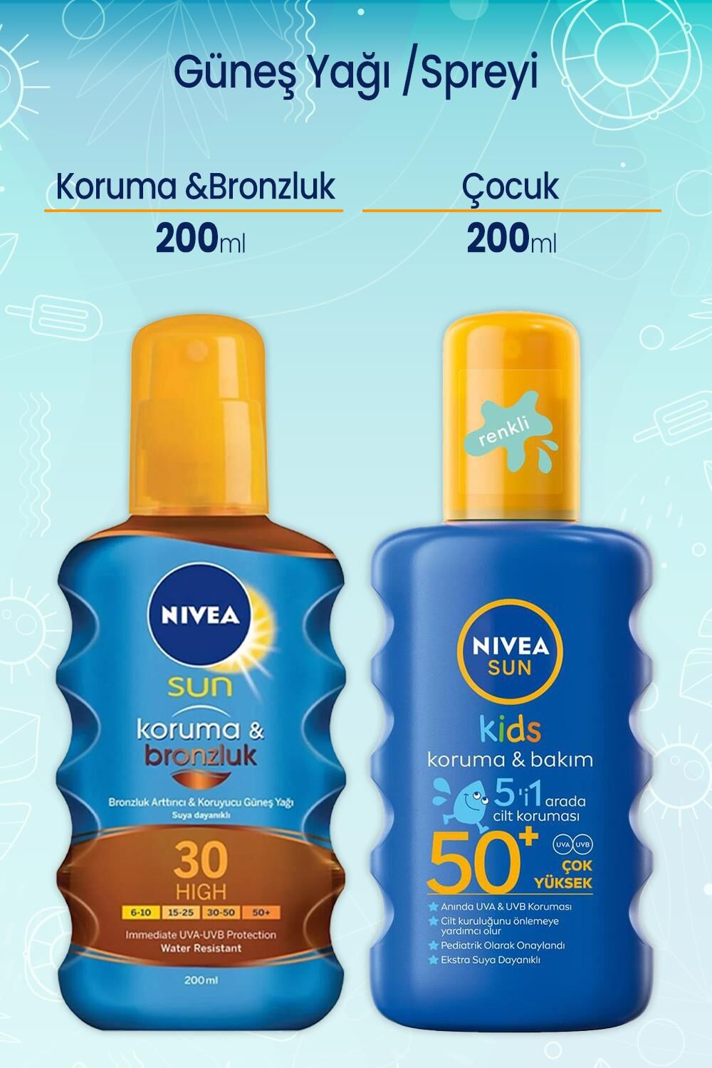 Nivea Sun Koruma Ve Bronzluk Yağı 30 200 Ml ve Çocuk Renkli Nemlendirici Güneş Spreyi Gkf 50+ 200 Ml