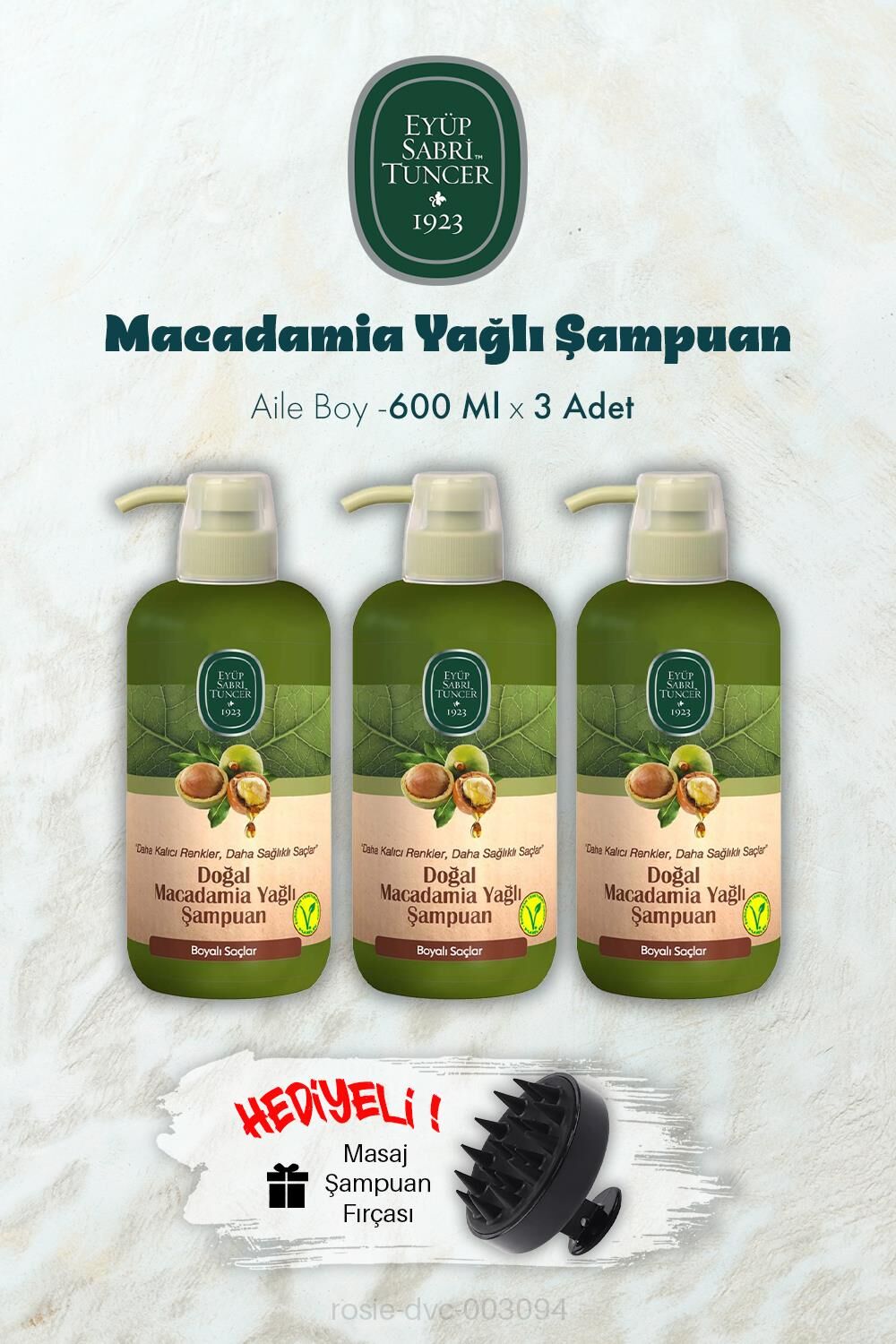 3 Adet Macadamia Yağlı Şampuan 600 ML ve Şampuan Fırçası Hediyeli