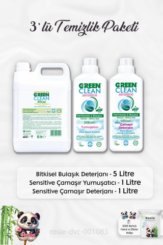 Green Clean Bulaşık Deterjanı 5 lt, Sensitive Çamaşır Deterjanı 1lt, Sensitive Yumuşatıcı 1 lt ve ROSIE