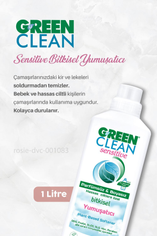 Green Clean Bulaşık Deterjanı 5 lt, Sensitive Çamaşır Deterjanı 1lt, Sensitive Yumuşatıcı 1 lt ve ROSIE