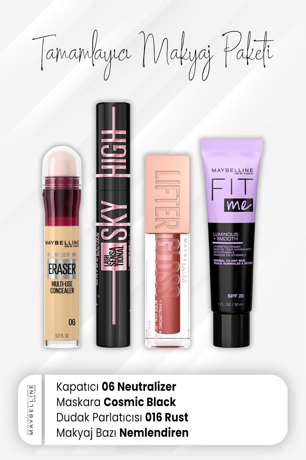 Maybelline New York Eraser Kapatıcı 06, Sky High Maskara Cosmic Black, Dudak Parlatıcı 016 Rust ve Nemlendiren Baz