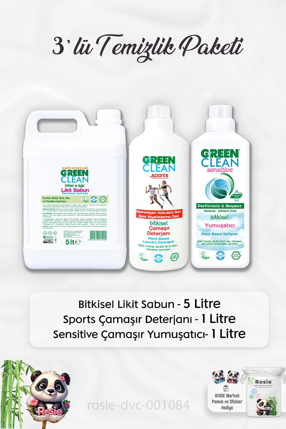 Green Clean Likit Sabun 5 lt, Sports Çamaşır Deterjanı 1 lt, Sensitive Yumuşatıcı 1 lt ve ROSIE