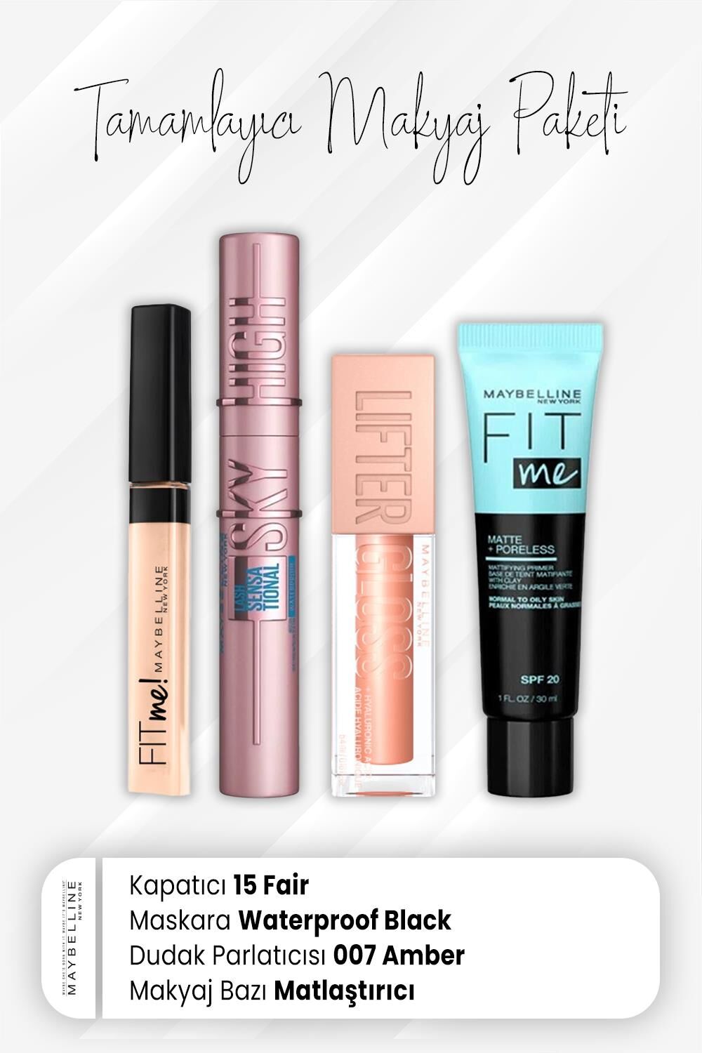 Maybelline New York Fit Me Kapatıcı 15, Sky High Waterproof Maskara Black, Dudak Parlatıcı 007 Amber ve ve Matlaştırıcı Baz