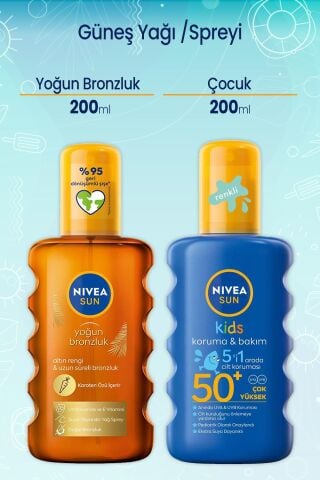 Nivea Sun Karoten Güneş Spreyi 200 Ml & Çocuk Renkli Nemlendirici Güneş Spreyi 50+ 200 Ml