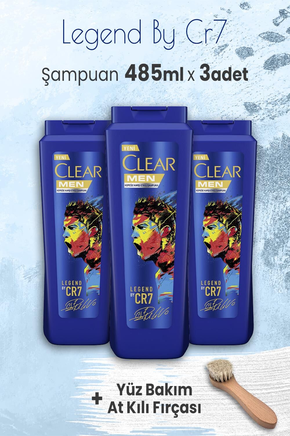 Clear Legend By Cristiano Ronaldo 485 ml x 3 Adet ve Yüz Bakım At Kılı Fırçası