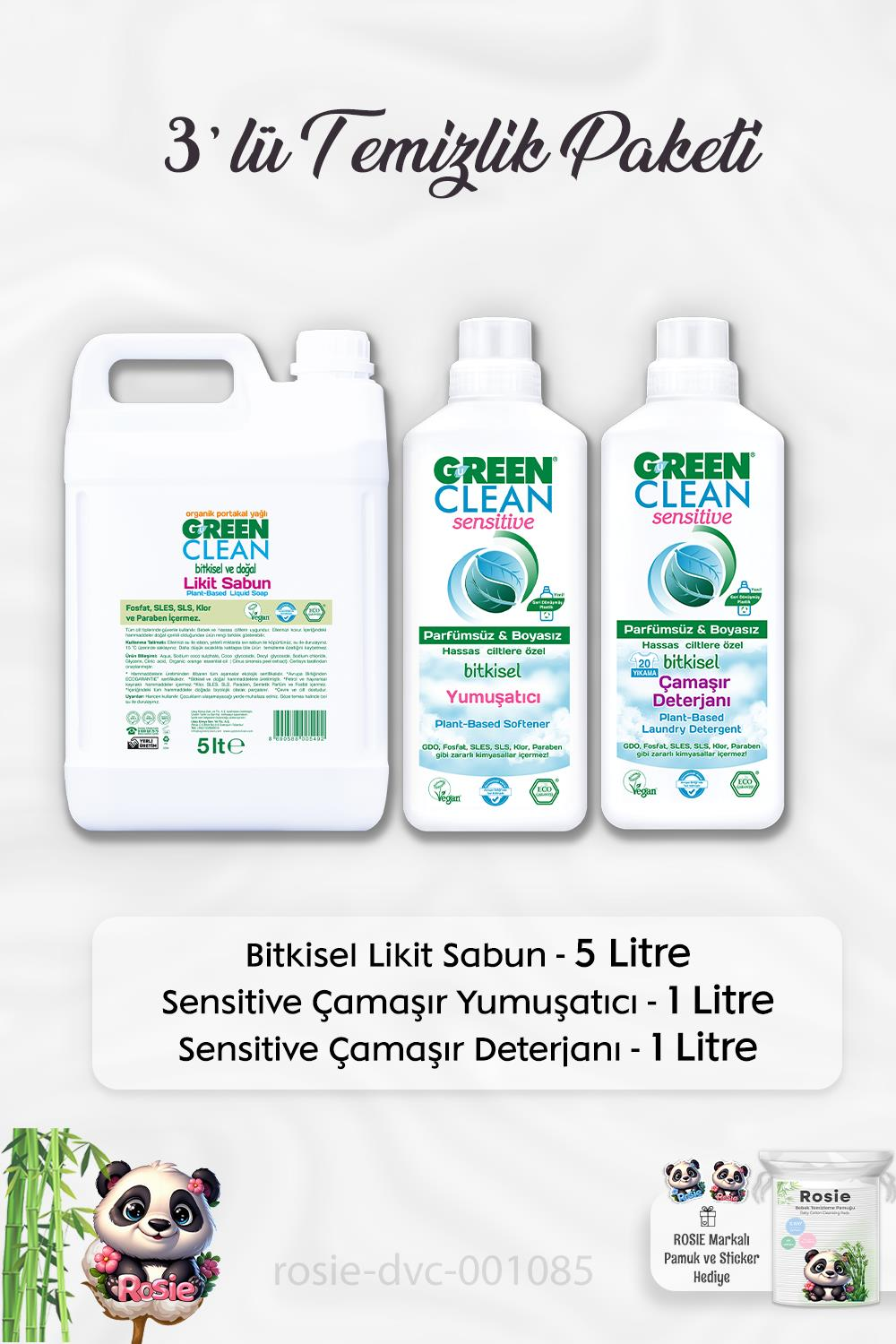 Green Clean Likit Sabun 5 lt, Sensitive Çamaşır Deterjanı 1 lt, Sensitive Yumuşatıcı 1 lt ve ROSIE