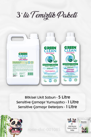 Green Clean Likit Sabun 5 lt, Sensitive Çamaşır Deterjanı 1 lt, Sensitive Yumuşatıcı 1 lt ve ROSIE