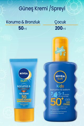 Nivea Sun Koruma ve Bronzluk 50 Yüz için 50 ml & Çocuk Renkli Nemlendirici Güneş Spreyi Gkf 50+ 200 Ml