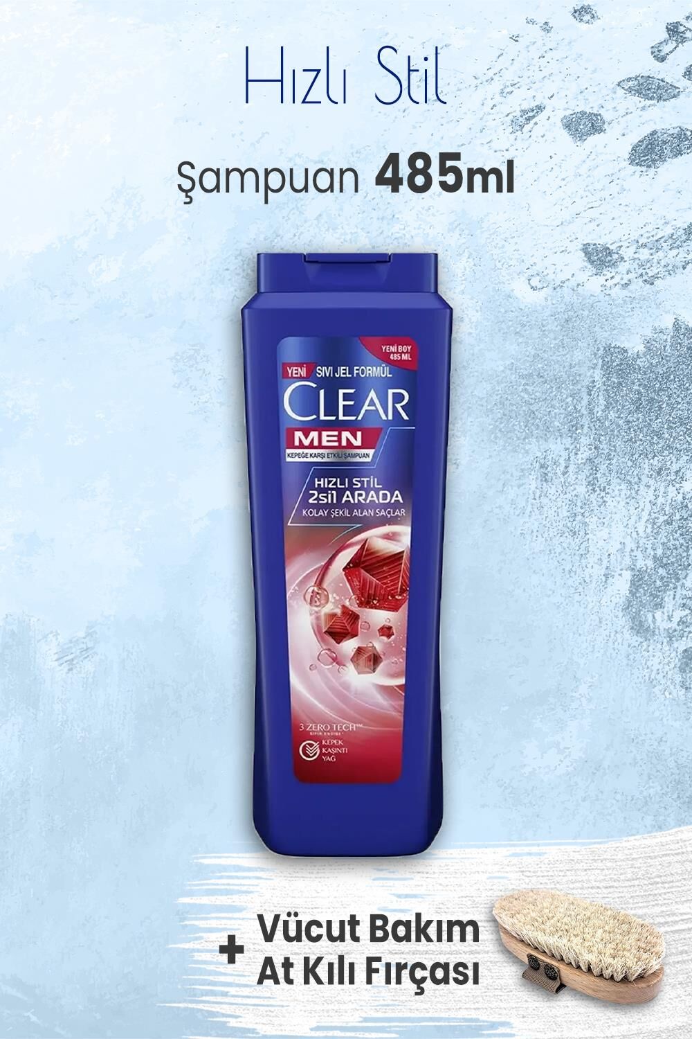 Clear Men Şampuan Hızlı Stil 485 ml ve Vücut Bakım At Kılı Fırçası