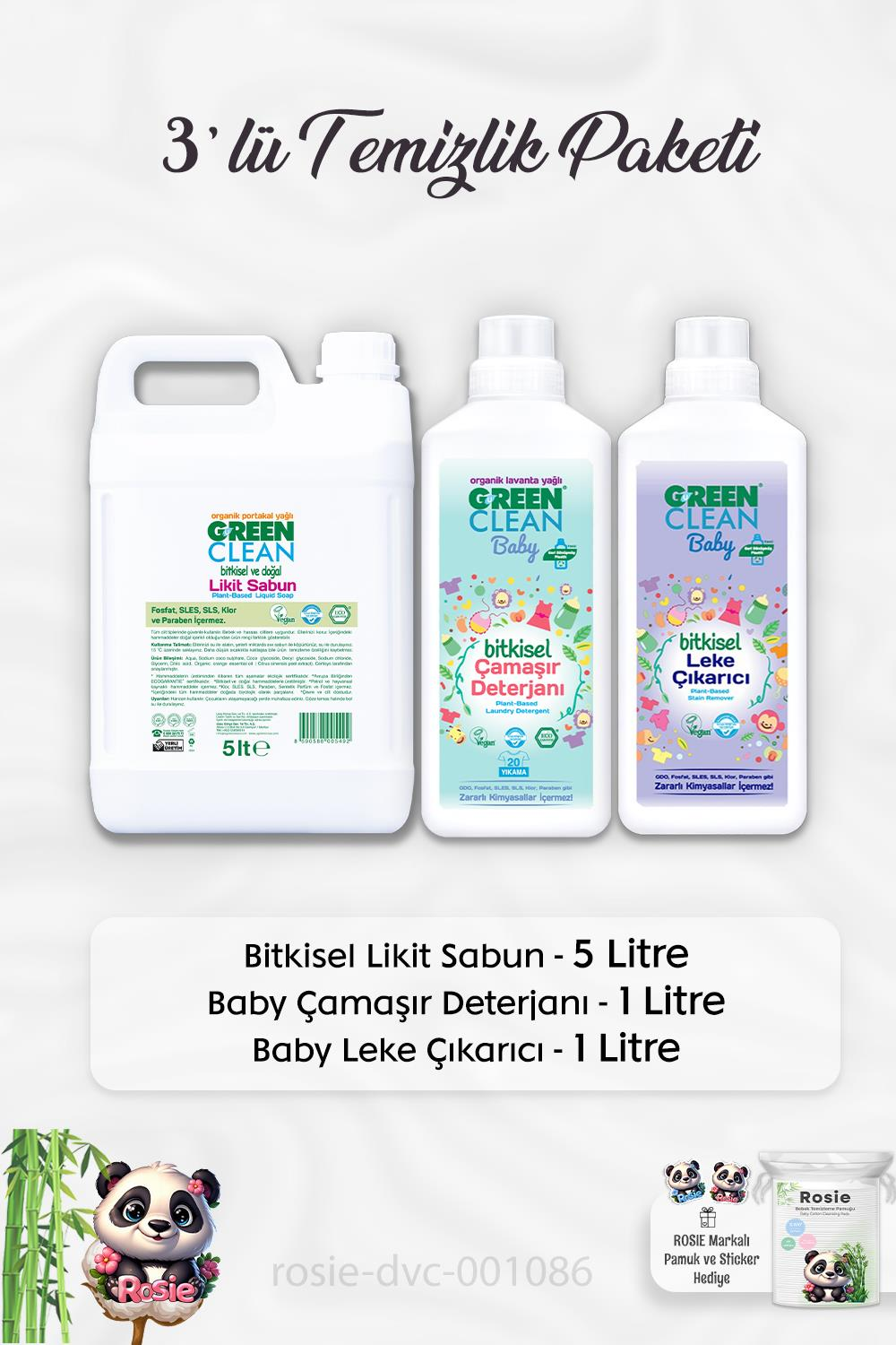 Green Clean Likit Sabun Portakal Yağlı 5 lt, Baby Çamaşır Deterjanı 1 lt, Leke Çıkarıcı 1 lt ve ROSIE