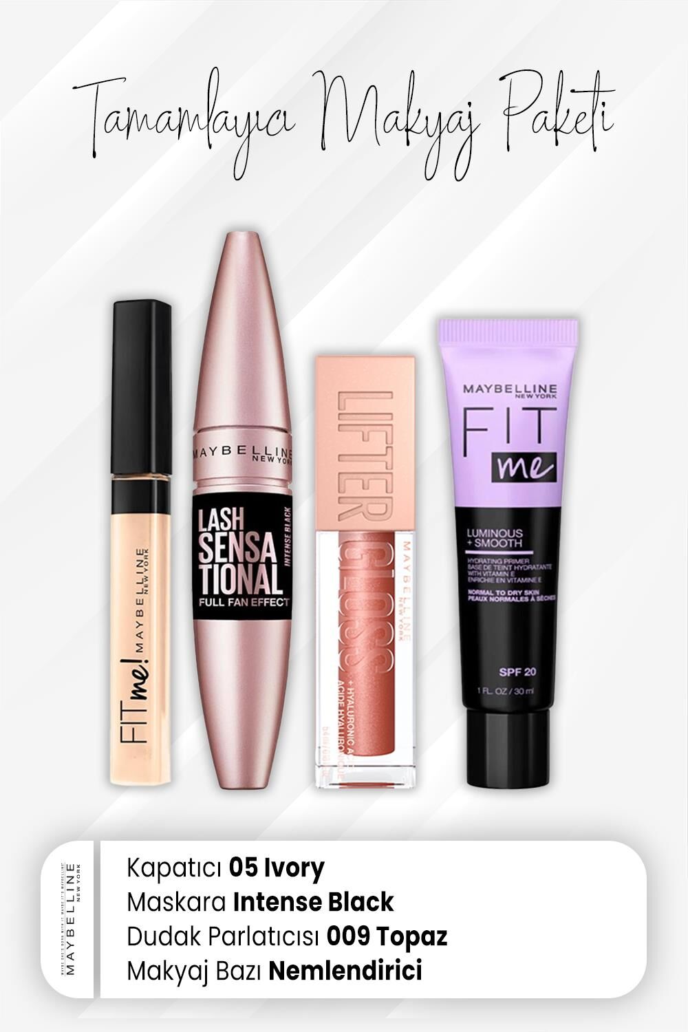 Maybelline New York Fit Me Kapatıcı 05, Full Fan Maskara Black, Dudak Parlatıcı 009 Topaz ve Nemlendiren Baz