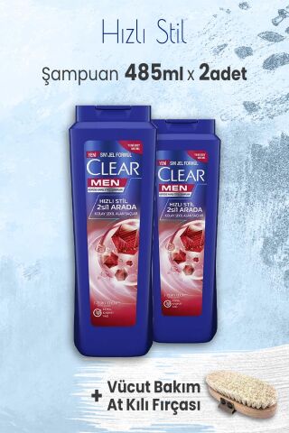 Clear Şampuan Hızlı Stil 485 ml x 2 Adet ve Vücut Bakım At Kılı Fırçası