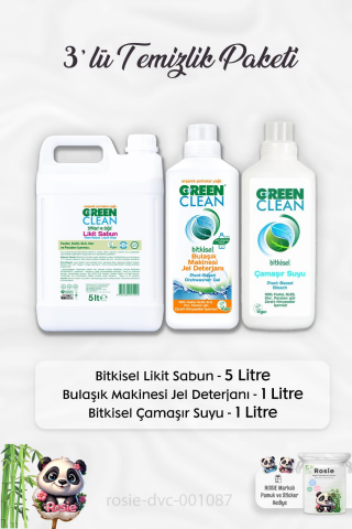 Green Clean Likit Sabun 5 lt, Çamaşır Suyu 1 lt, Bulaşık Makinesi Deterjanı 1 lt ve ROSIE