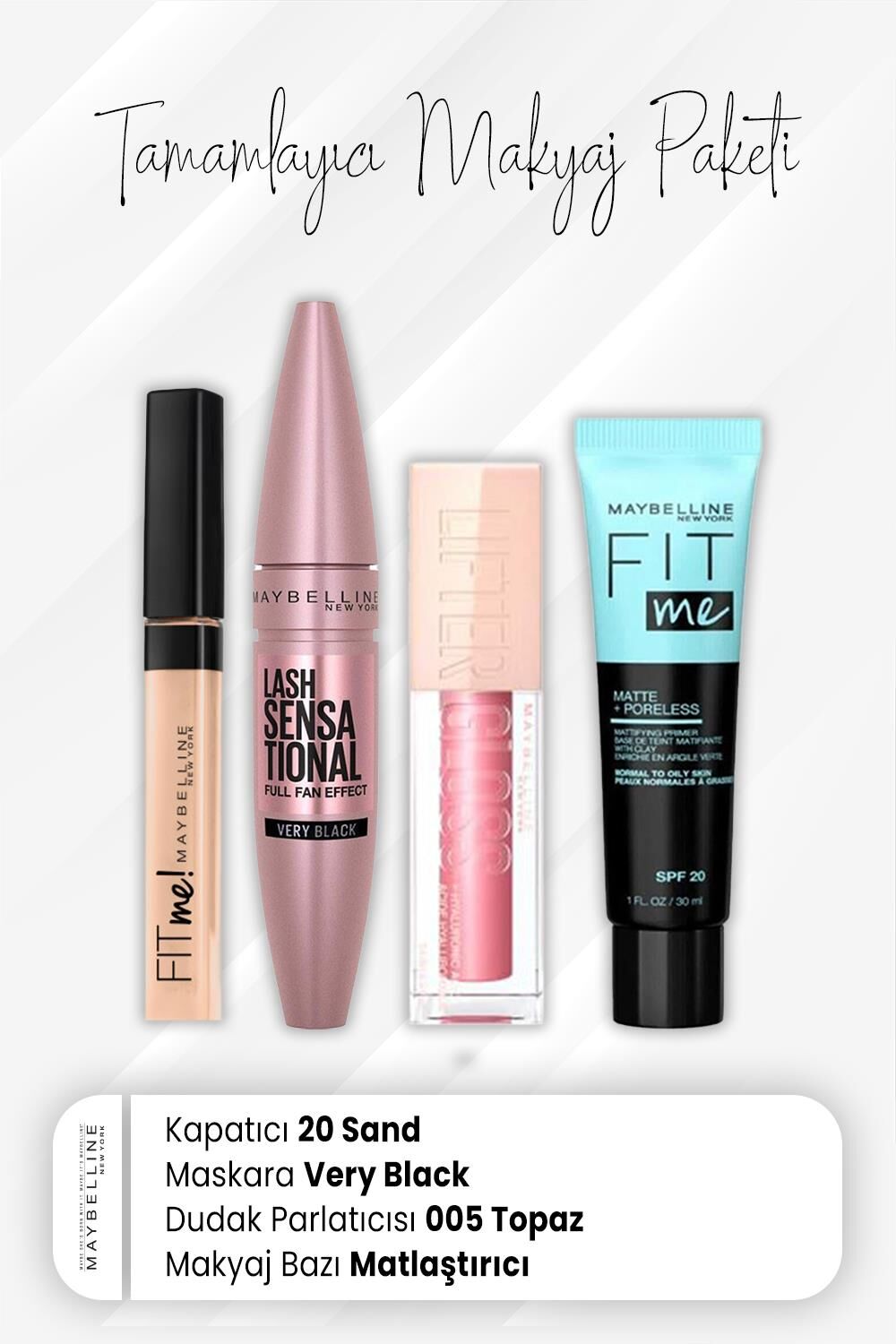 Maybelline New York Fit Me Kapatıcı 20, Full Fan Maskara Very Black, Dudak Parlatıcı 005 Petal ve Matlaştırıcı Baz