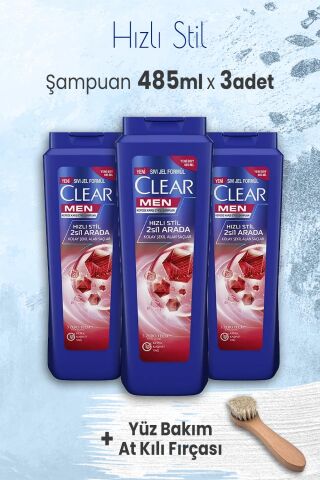 Clear Şampuan Hızlı Stil 485 ml x 3 Adet ve Yüz Bakım At Kılı Fırçası