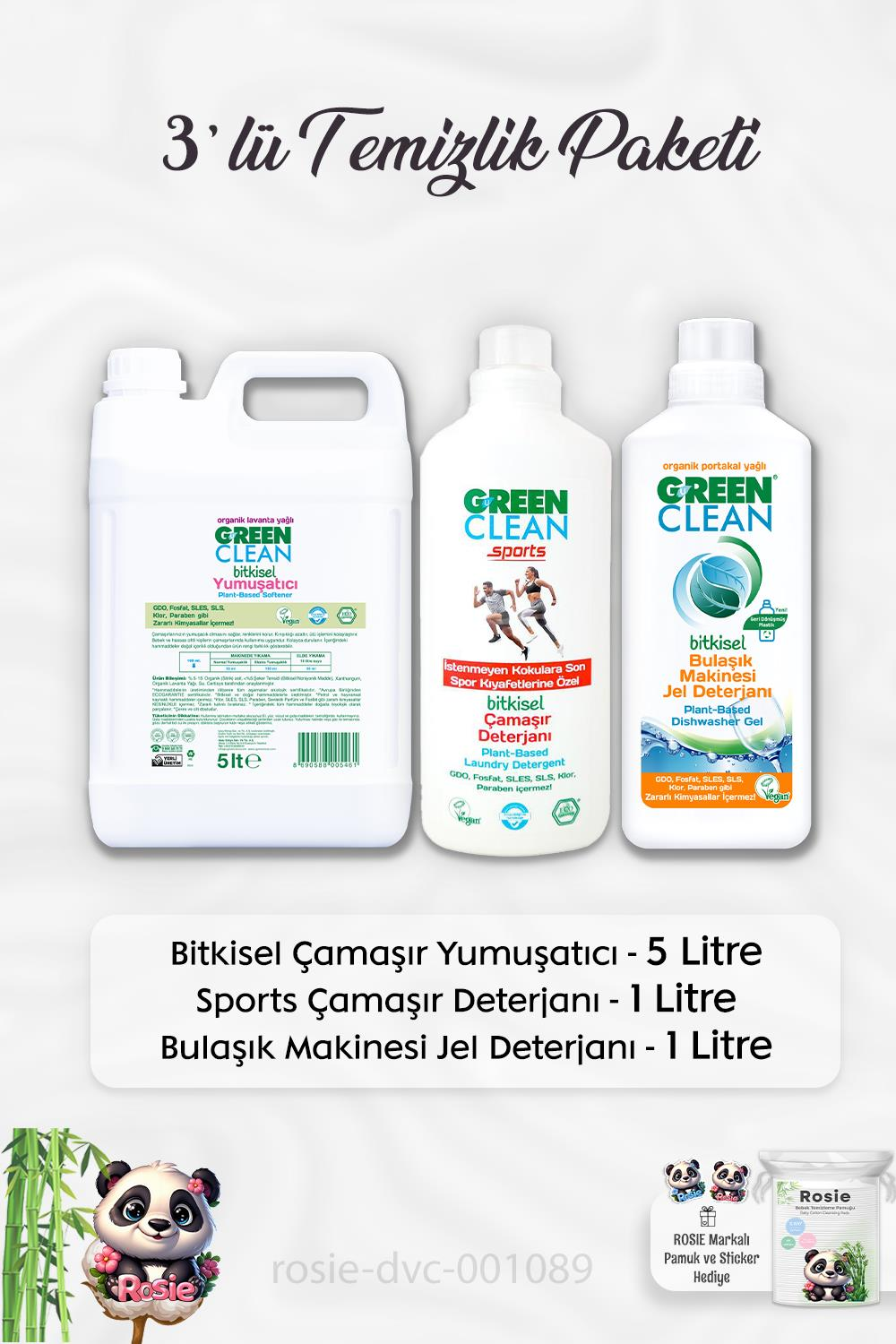 Green Clear Yumuşatıcı 5 lt, Sports Çamaşır Deterjanı 1 lt, B.Makinesi Deterjanı 1 lt ve ROSIE