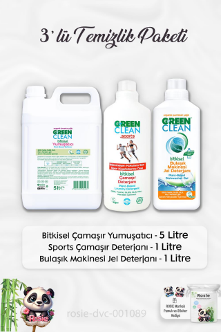 Green Clear Yumuşatıcı 5 lt, Sports Çamaşır Deterjanı 1 lt, B.Makinesi Deterjanı 1 lt ve ROSIE