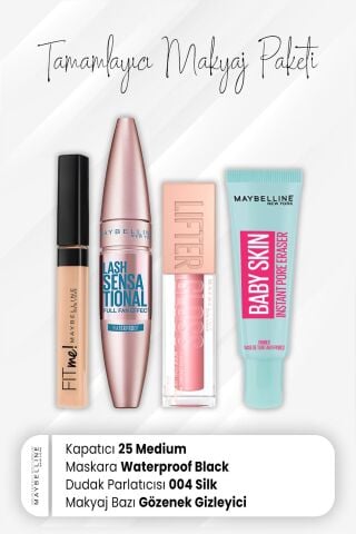 Maybelline New York Fit Me Kapatıcı 25, Waterproof Maskara Black, Dudak Parlatıcı 004 Silk ve Makyaj Bazı Baby