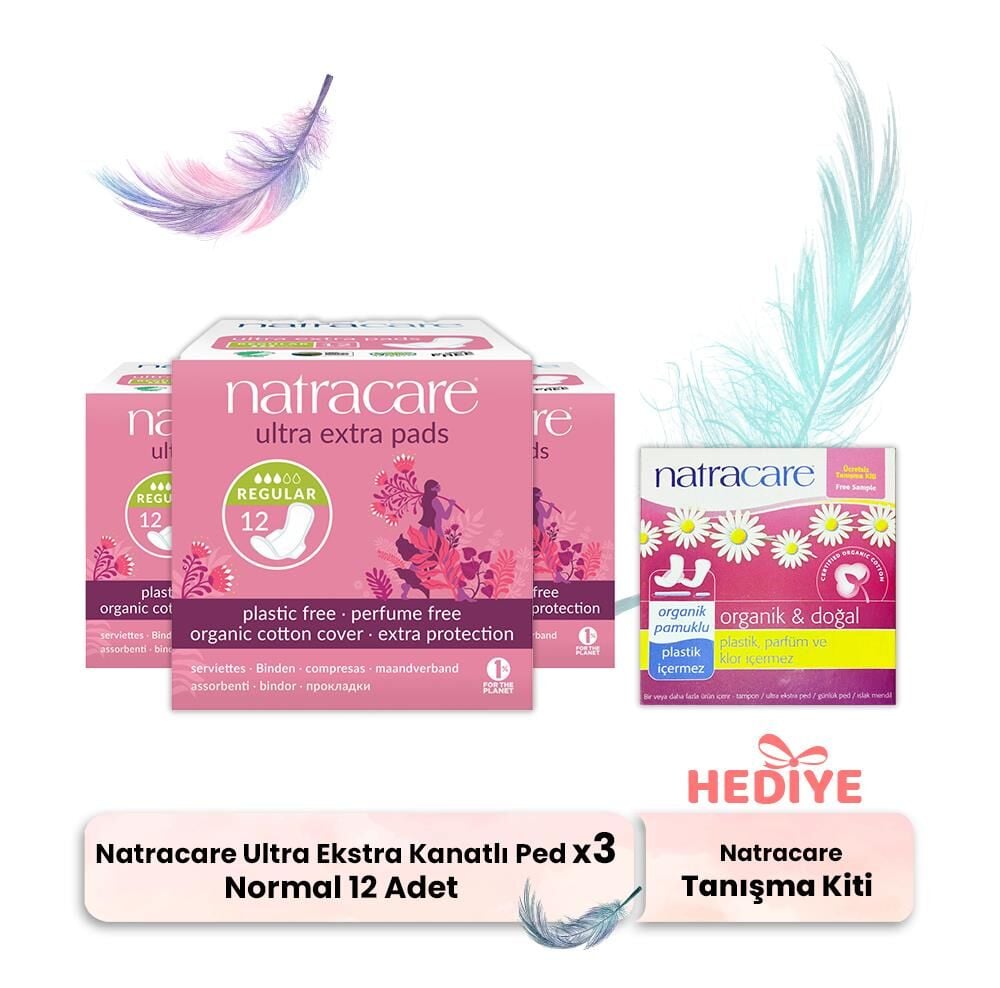 Natracare Ultra Ekstra Kanatlı Ped Normal 12' li x 3, Tanışma Kiti Hediyeli