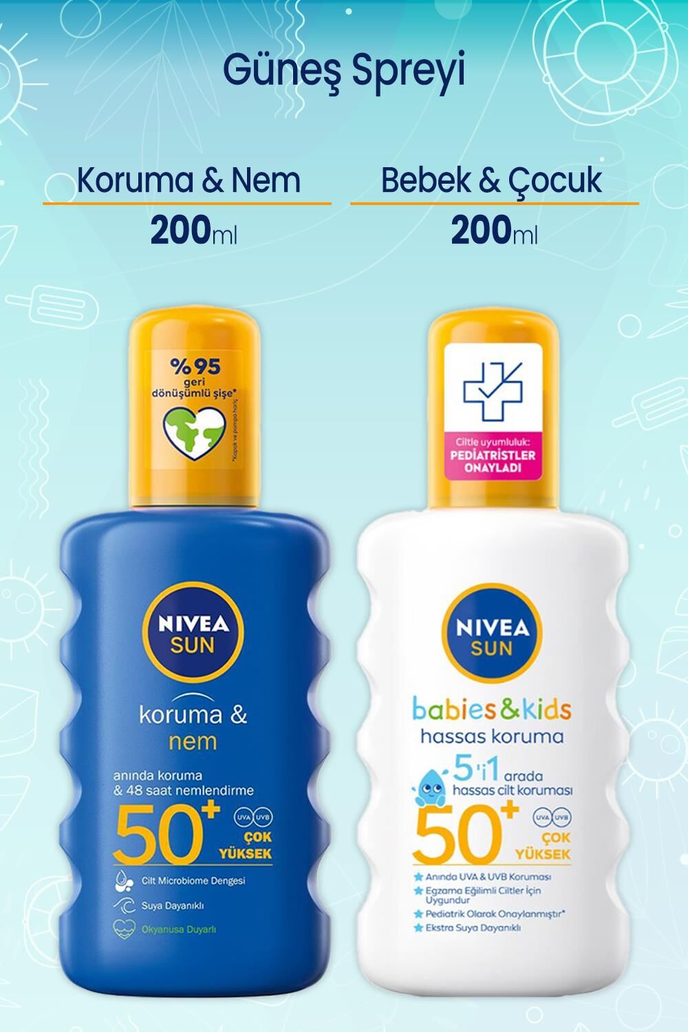 Nivea Sun Koruma&Nem Nemlendirici Güneş Spreyi 50+ 200 Ml ve Çocuk Güneş Spreyi 50+ 200 ml