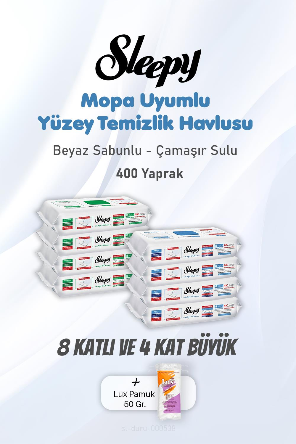 Sleepy Yüzey Temizlik Mendili 8 Katlı 4 X Large 400 Yaprak ve Pamuk