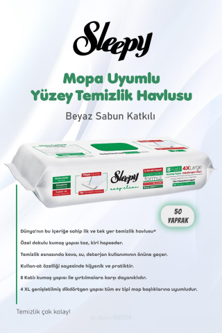 Sleepy Yüzey Temizlik Mendili 8 Katlı 4 X Large 400 Yaprak ve Pamuk
