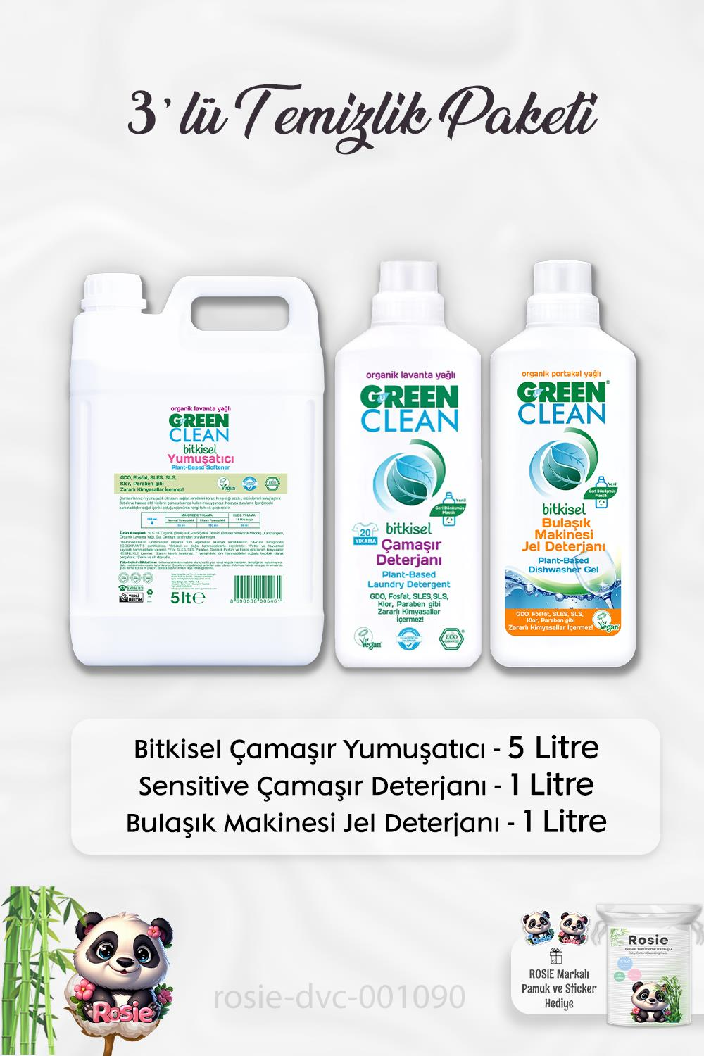Green Clean Yumuşatıcı 5 lt, B.Makinesi Deterjanı 1 lt, Çamaşır Deterjanı 1 lt ve ROSIE