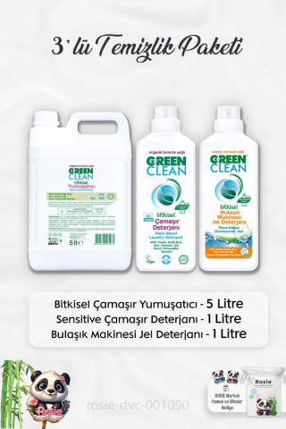 Green Clean Yumuşatıcı 5 lt, B.Makinesi Deterjanı 1 lt, Çamaşır Deterjanı 1 lt ve ROSIE